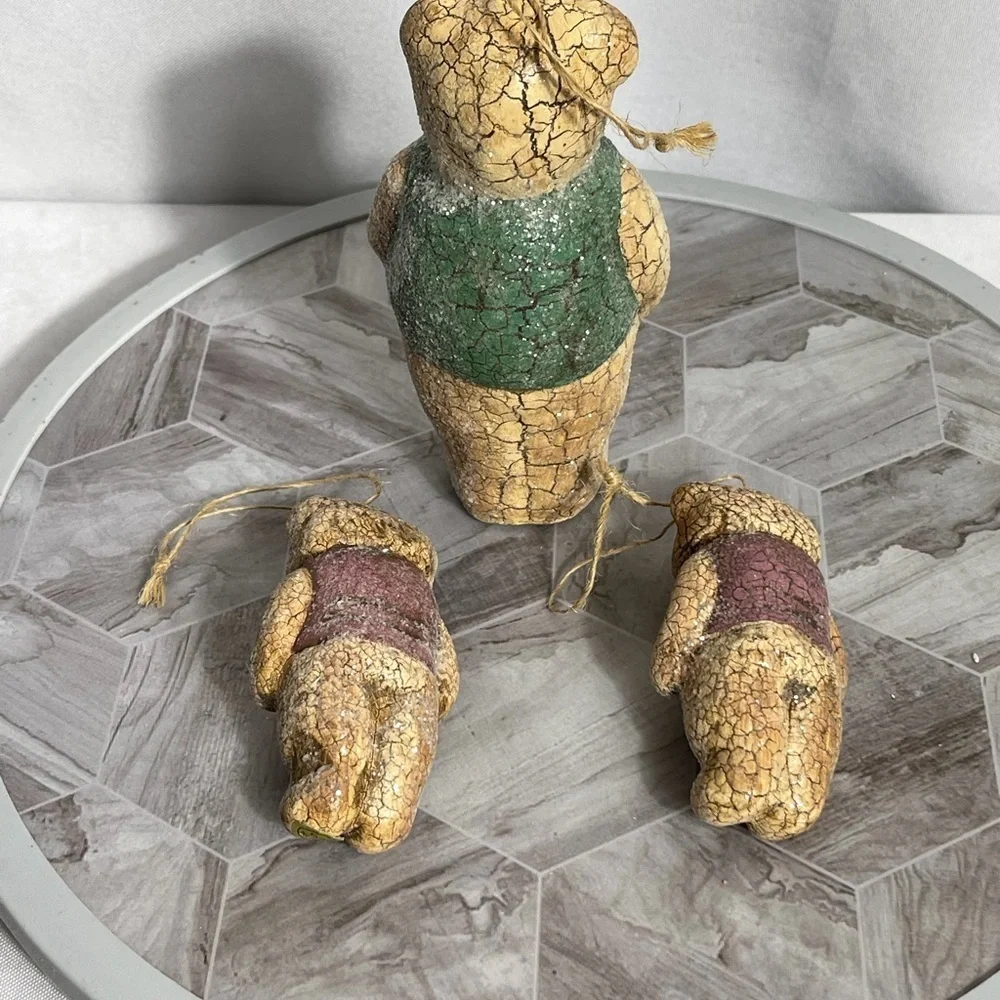 Vintage Crackle Teddy Bear Figurines Set of 3 Rustic Christmas Decor